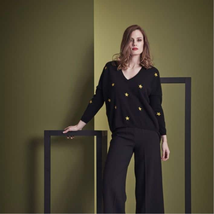 Behind-the-scenes image from a Brodie Cashmere photo shoot, showcasing a stylish and professional setup.