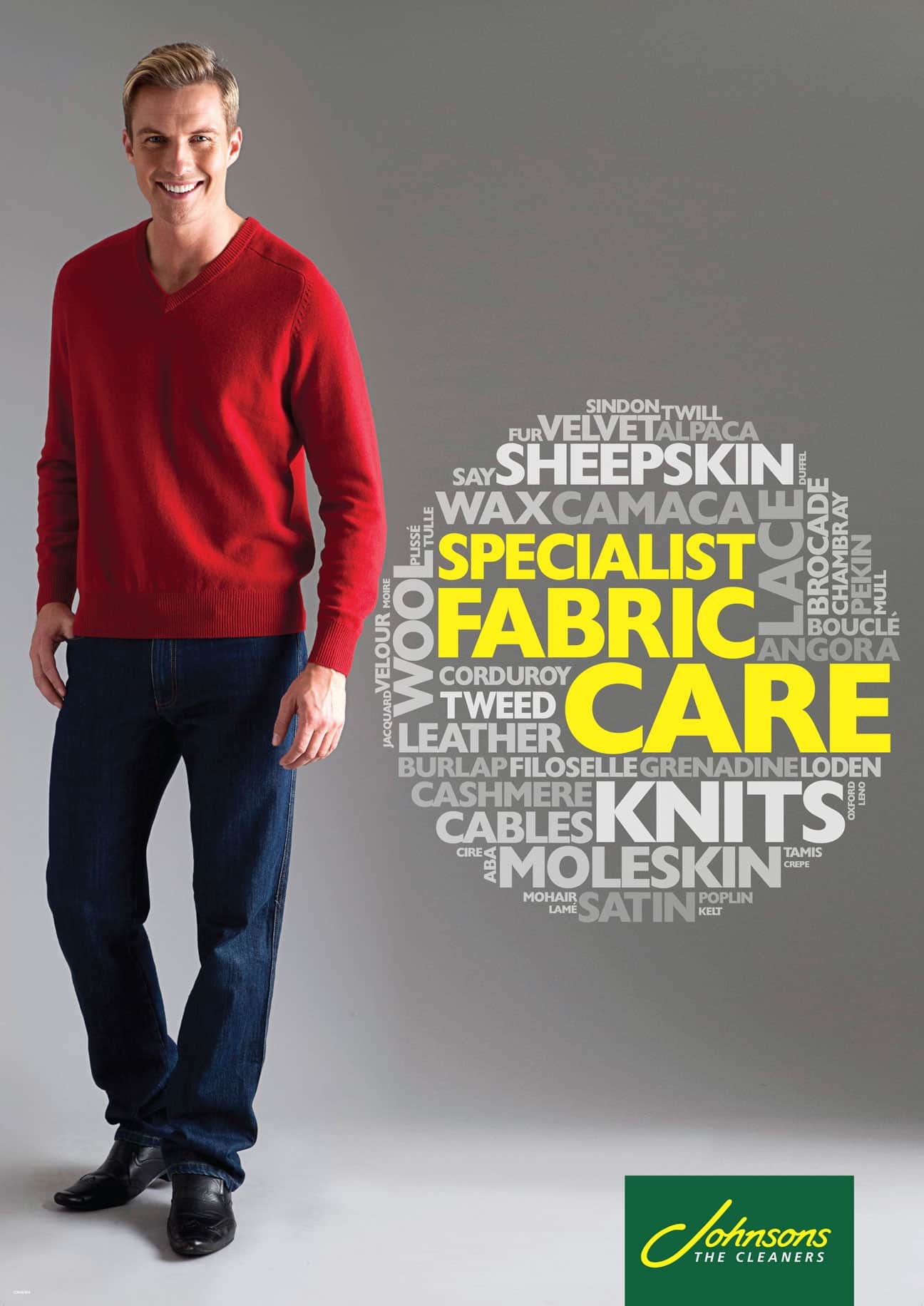 POS marketing campaign for Johnsons Cleaners, featuring the words specialist fabric care