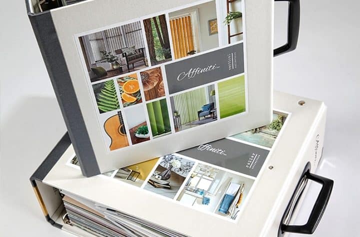 Swatch book design for Affiniti Blinds, highlighting product design in a sleek, professional layout.