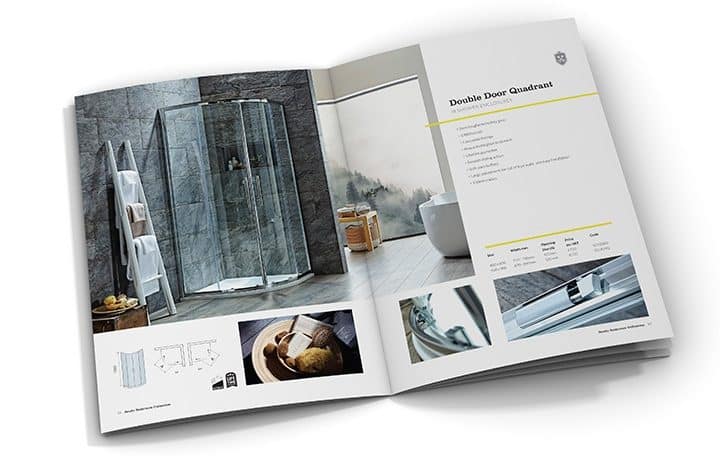 Scudo bathroom brochure design showcasing modern and elegant bathroom fixtures.