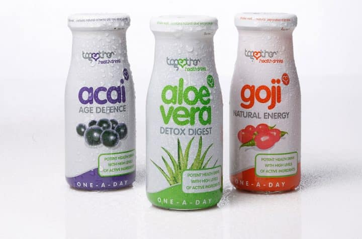 Packaging design for Together Health Drinks, highlighting vibrant and eye-catching product packaging.