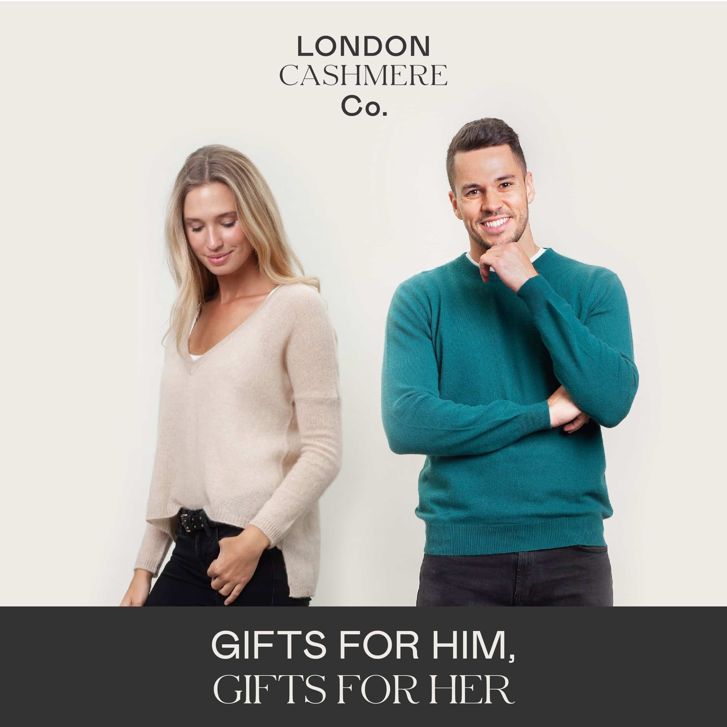 Two models post in different apparel for the London Cashmere Co. photoshoot for 'gifts for him, gifts for her'